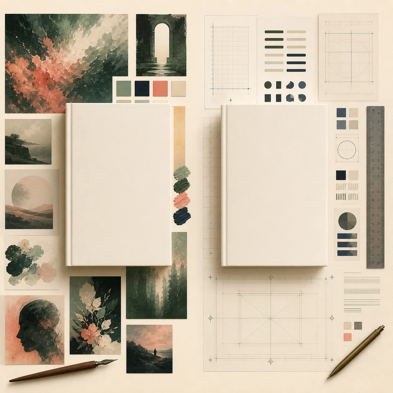 Editorial comparison of an AI book cover concept and an editable Canva-style book cover layout