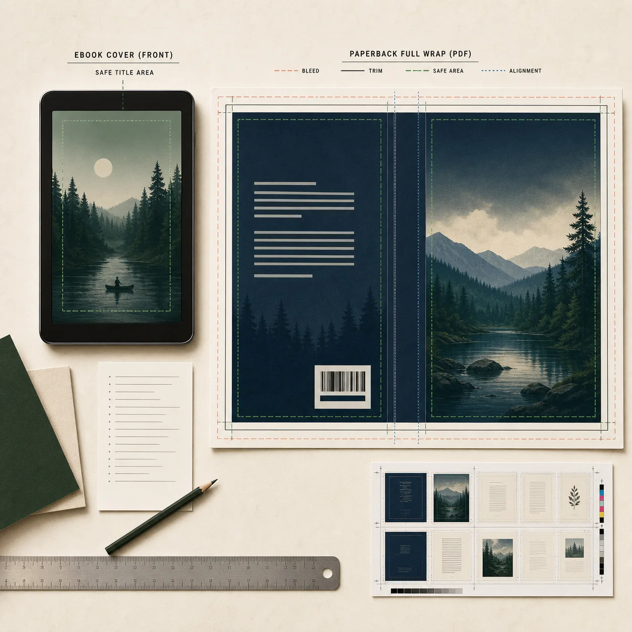 KDP-style eBook and paperback cover production check with safe areas, bleed, spine, and barcode space