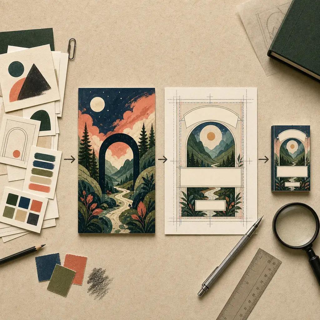 Editorial sequence from a book cover concept to an editable layout and thumbnail review