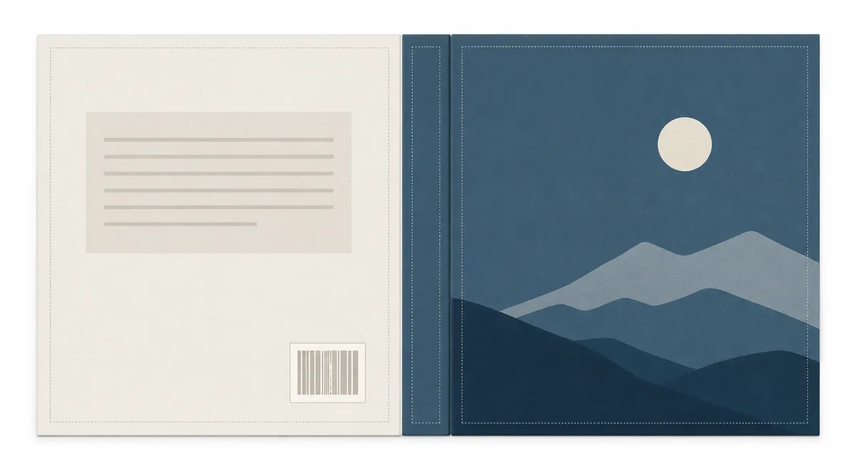 Editorial full-wrap diagram showing a back cover, spine, front cover, safe margins, blurb area, and barcode space
