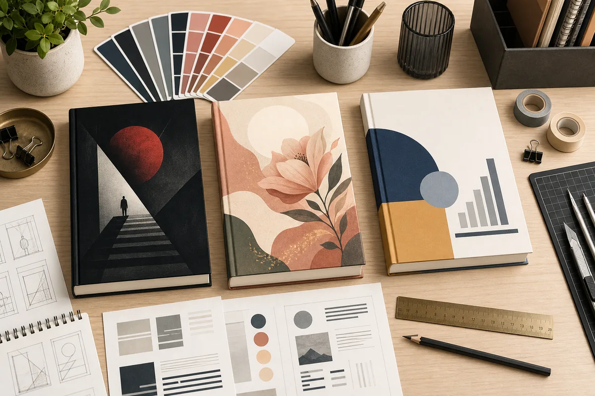 Book covers and color swatches arranged for a color psychology and genre design guide