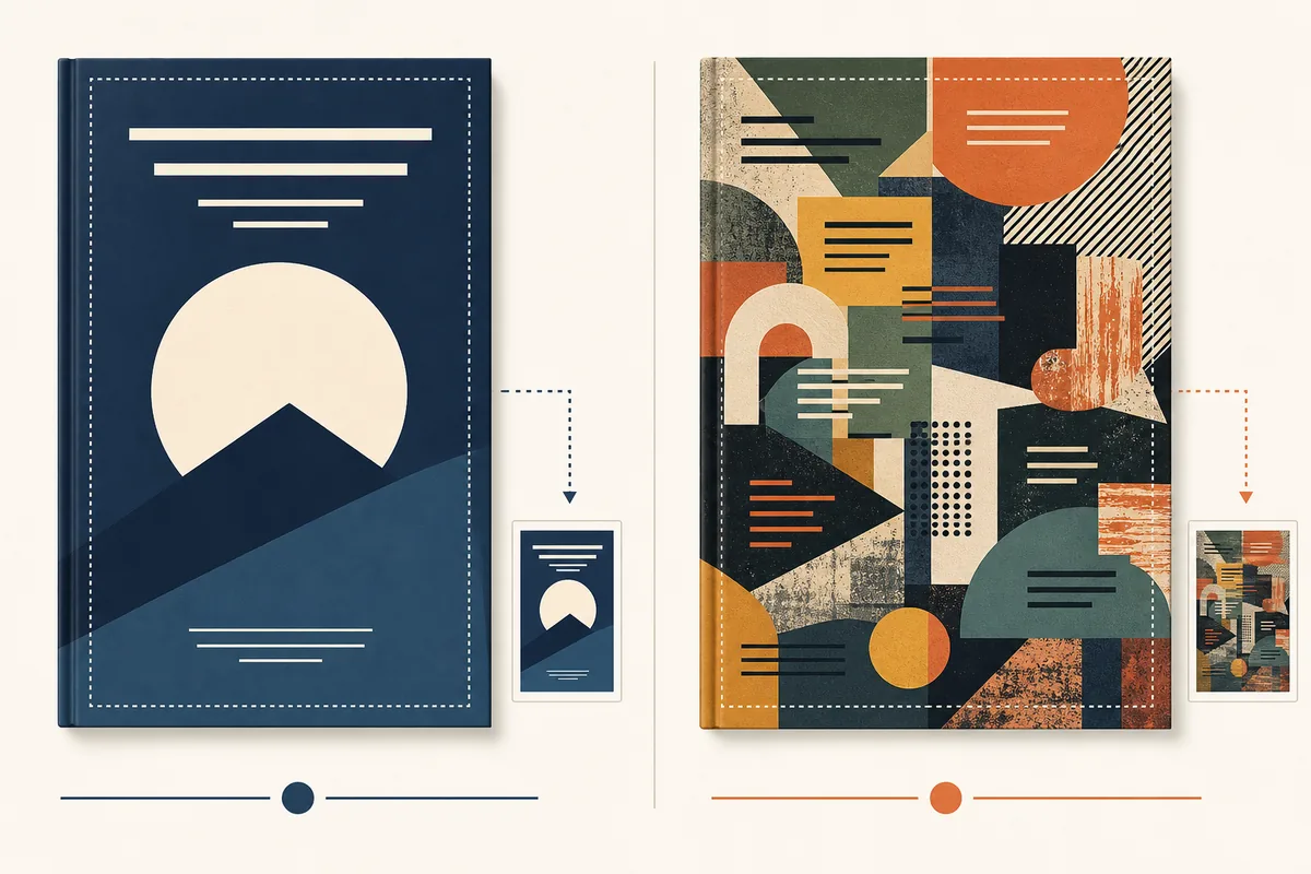 Two contrasting book cover palettes shown at full size and thumbnail size