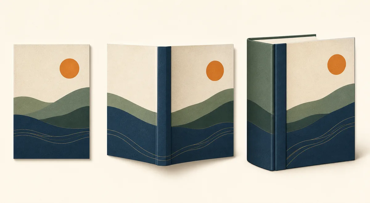 Comparison of an eBook front cover, paperback full wrap, and hardcover cover layout