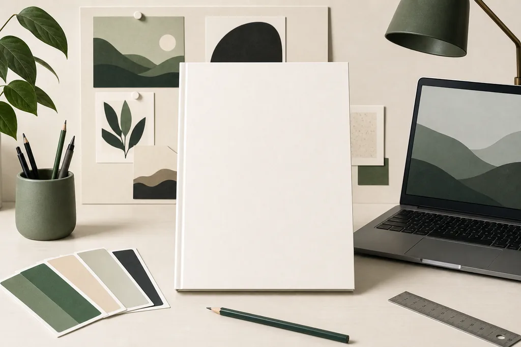 Editorial desk with a blank book cover sheet, color swatches, pencil, ruler, mood board, and laptop