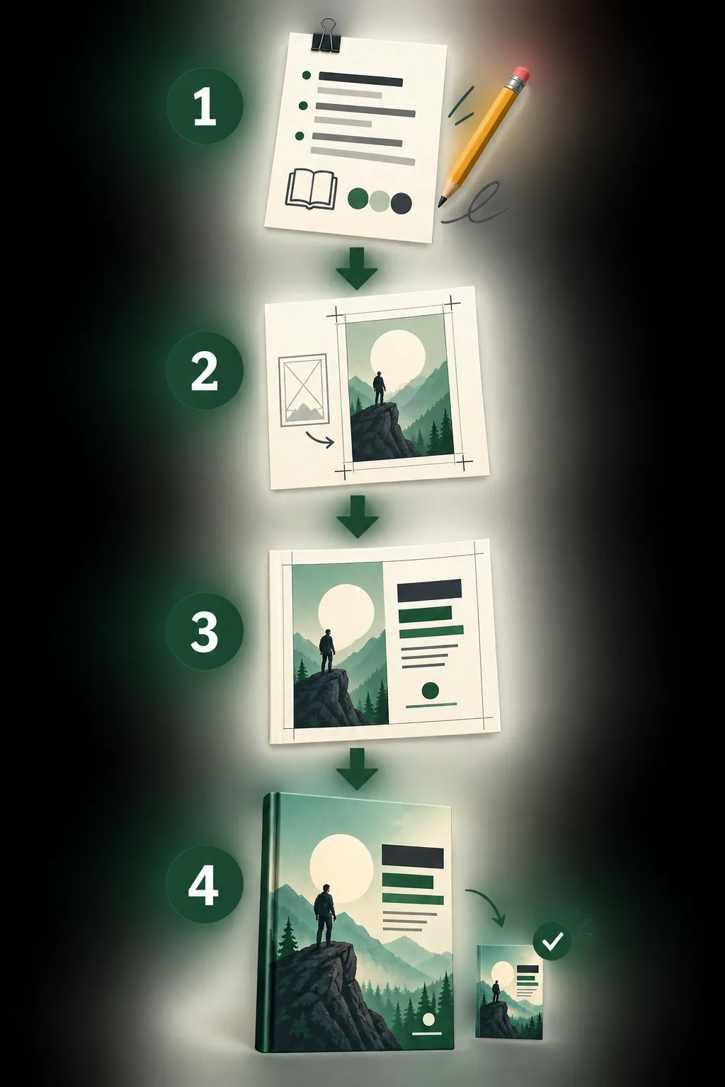 Editorial four-stage book cover workflow from brief and composition to typography and thumbnail review