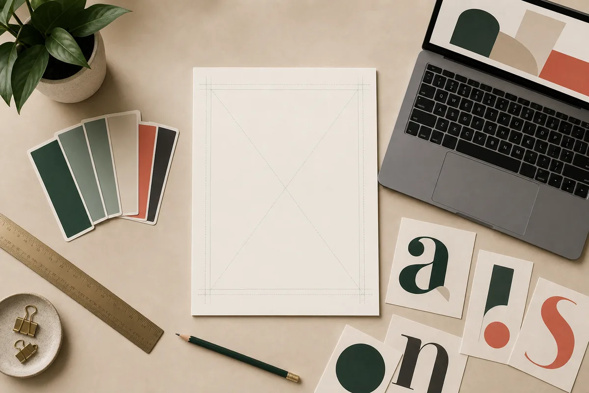 Editorial book cover design workspace with a blank vertical cover sheet, color swatches, ruler, and typography cards