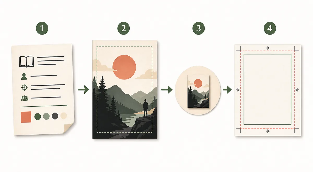 Editorial four-stage diagram showing a book brief, cover composition, thumbnail test, and print template check