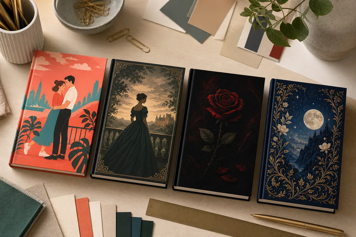Four text-free romance book cover concepts for contemporary, historical, dark romance, and romantasy