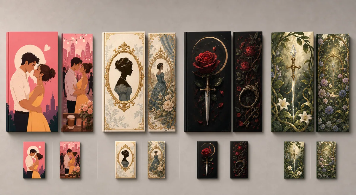 Text-free romance cover concepts compared at full size and small marketplace thumbnail size